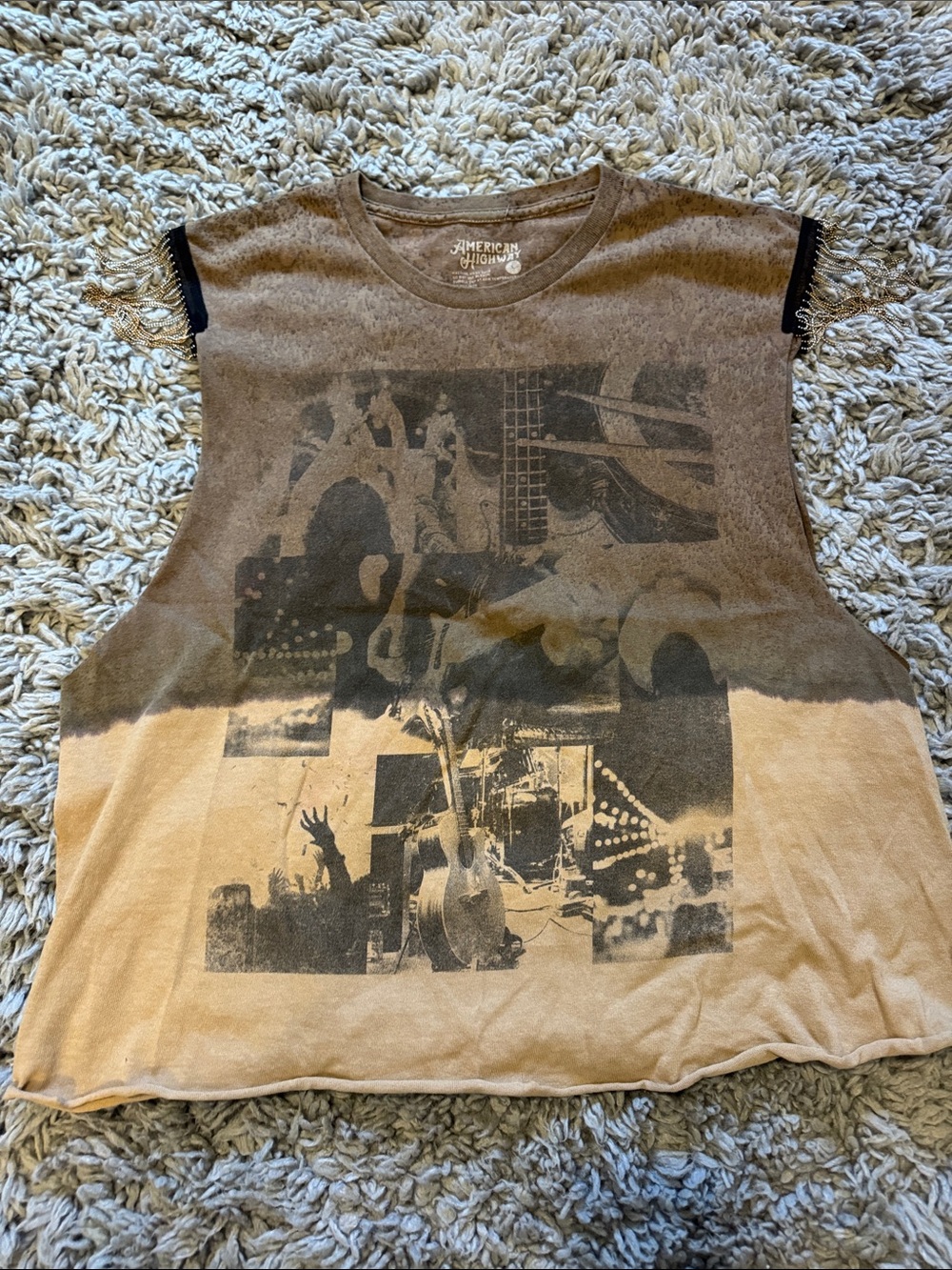 American Vintage Brown & Tan Graphic Muscle Tee with shoulder dangles